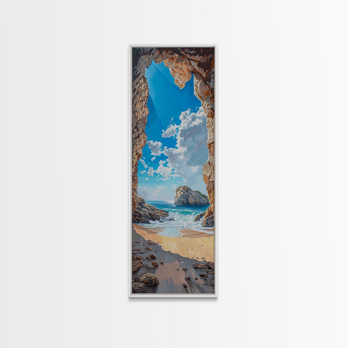 Framed Canvas Print Skinny Art of a Sunlit Beach Scene Framed by Rocky Cliffs, Overlooking a Crystal Blue Sea Under a Clear Sky, Perfect Tall Coastal Art