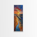 Framed Canvas Print Skinny Art of a Vibrant Sunset Over a Rolling Ocean with Dramatic Colors in the Sky and Water, Ideal Tall Art for Modern Spaces