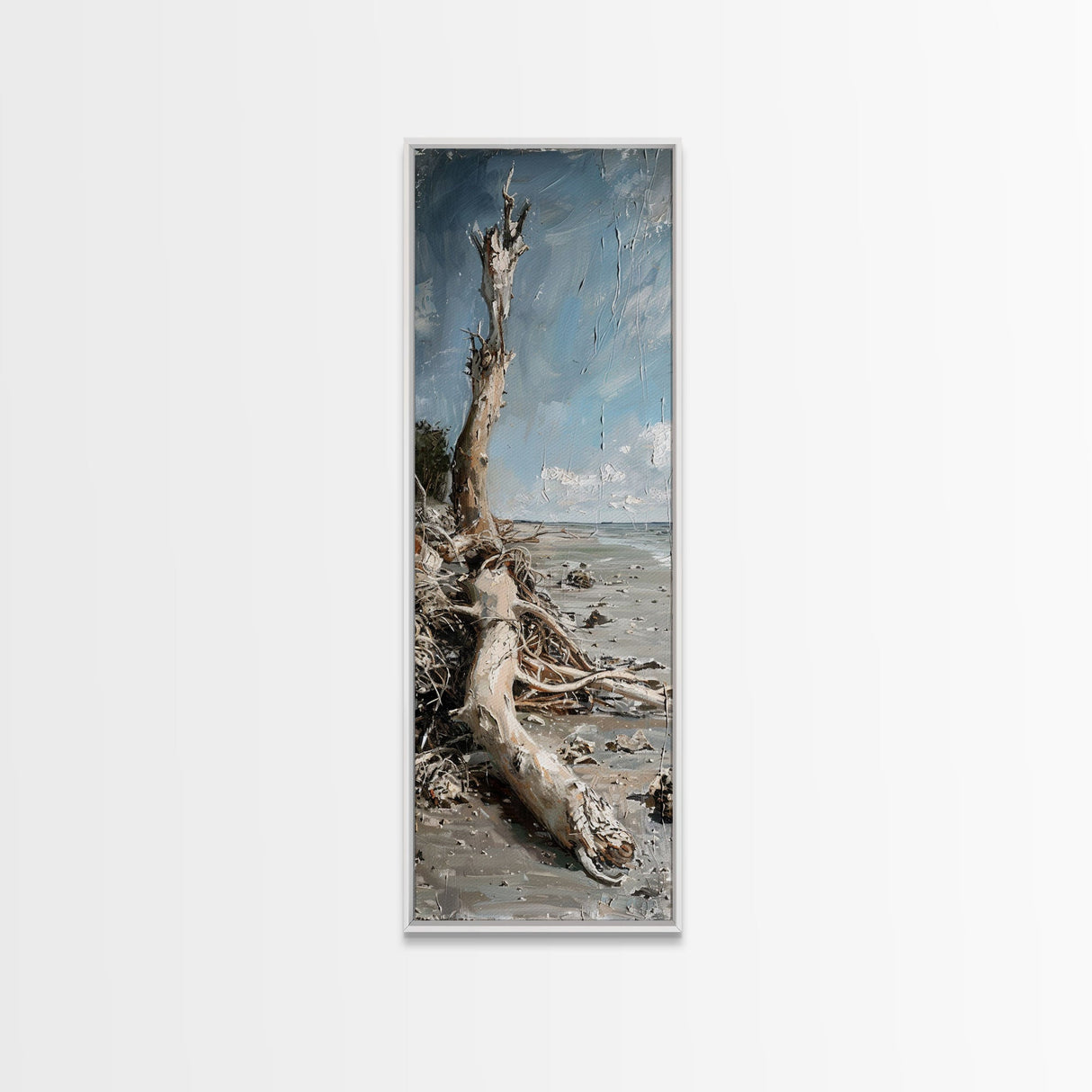 Framed Canvas Print Skinny Art of a Weathered Driftwood Tree Trunk on a Sandy Shore with a Calm Ocean Backdrop, Ideal Tall Art for Coastal Decor