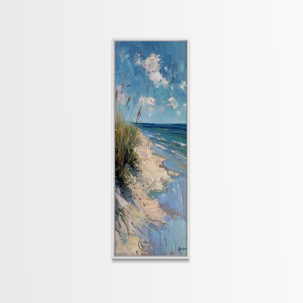 Framed Canvas Print Skinny Art of a Peaceful Beach Scene with Sea Oats Blowing in the Wind and Gentle Waves in the Background, Perfect Tall Art for Homes