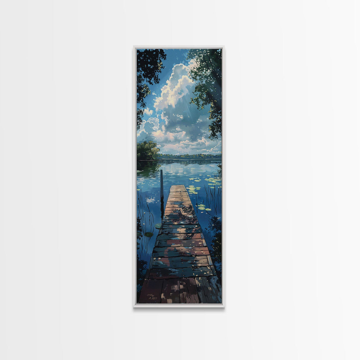 Lake Life, Framed Canvas Print, Summer At The Lake, Dock and Lilly Pads, Skinny Tall Panoramic Landscape Painting, Living Room Art