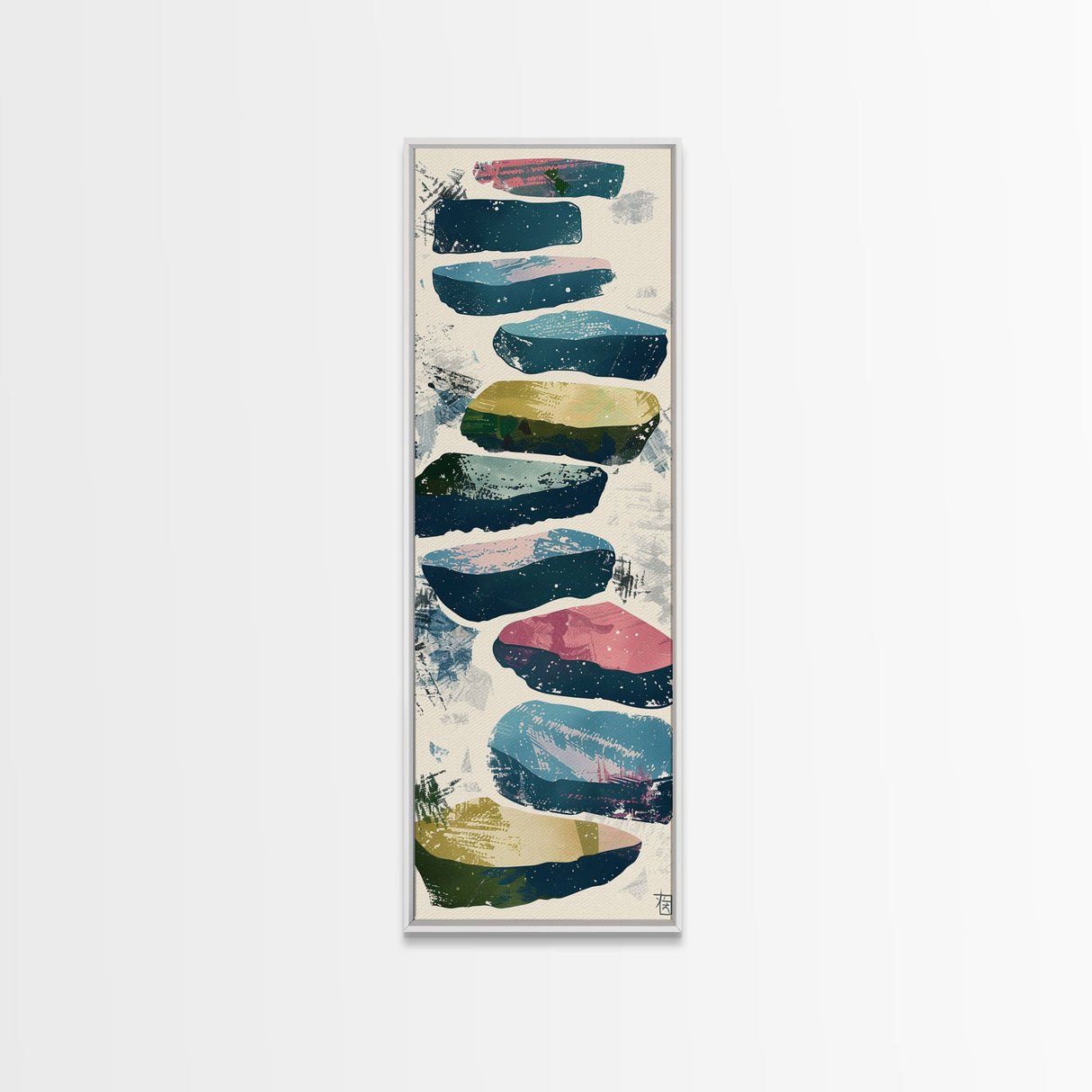 Skinny Art Tall Art Framed Canvas Print Abstract Stepping Stones In Varied Colors Over A Neutral Background Ukiyo-e Japanese Style Art