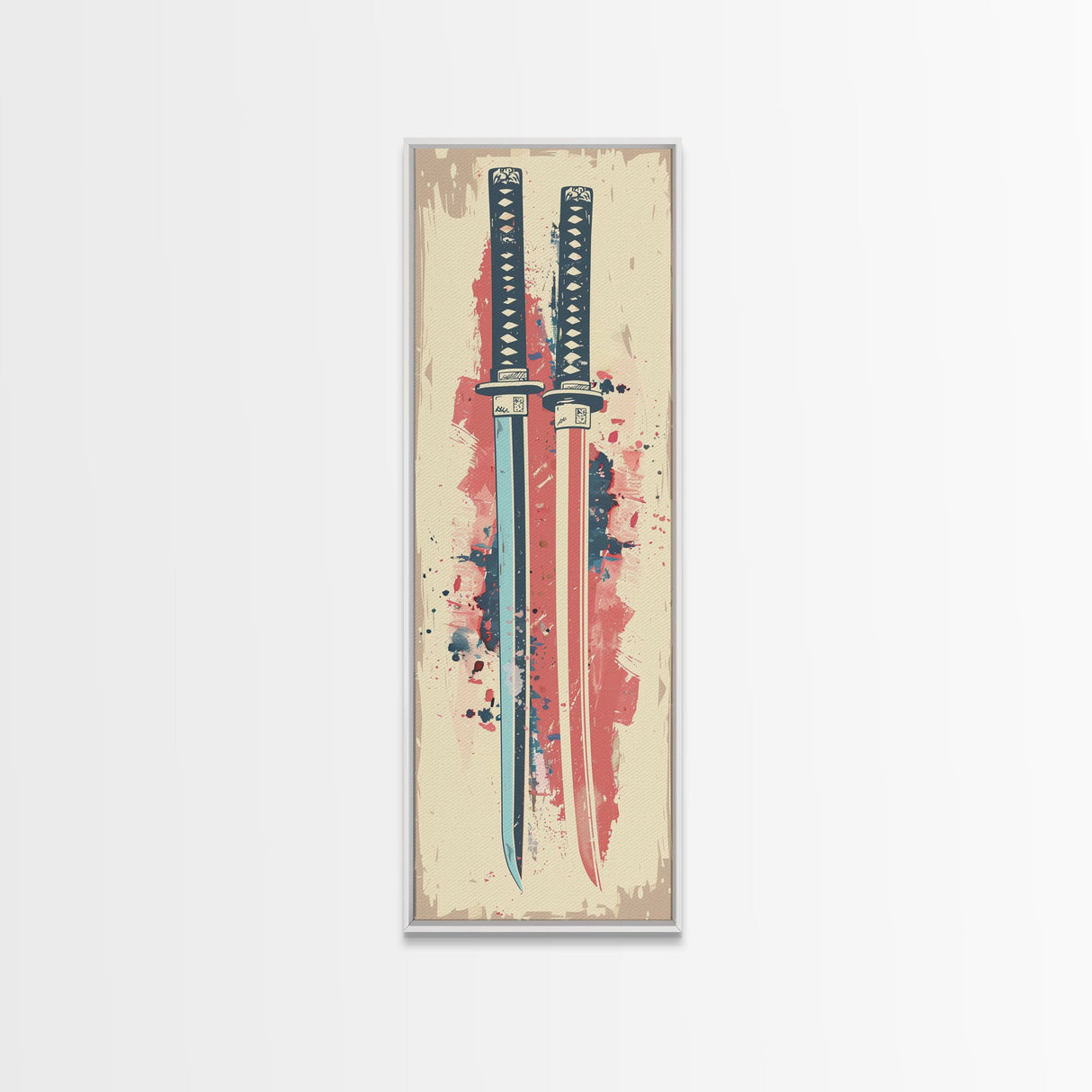 Abstract Samurai Swords Framed Canvas Print Ukiyo-e Art Japanese Style Tall Art Skinny Art Wood Block Print