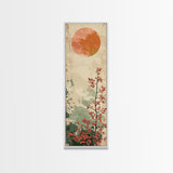 Abstract Sun Over Branch With Red Leaves Framed Canvas Print Ukiyo-e Wall Art Tall Art Wood Block Print Skinny Art Japanese Style