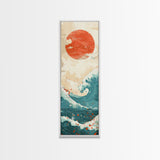 Red Sun and Ocean Waves Skinny Wall Art Framed Canvas Print in Cream and Teal Tones with Red Splashes Japanese Art