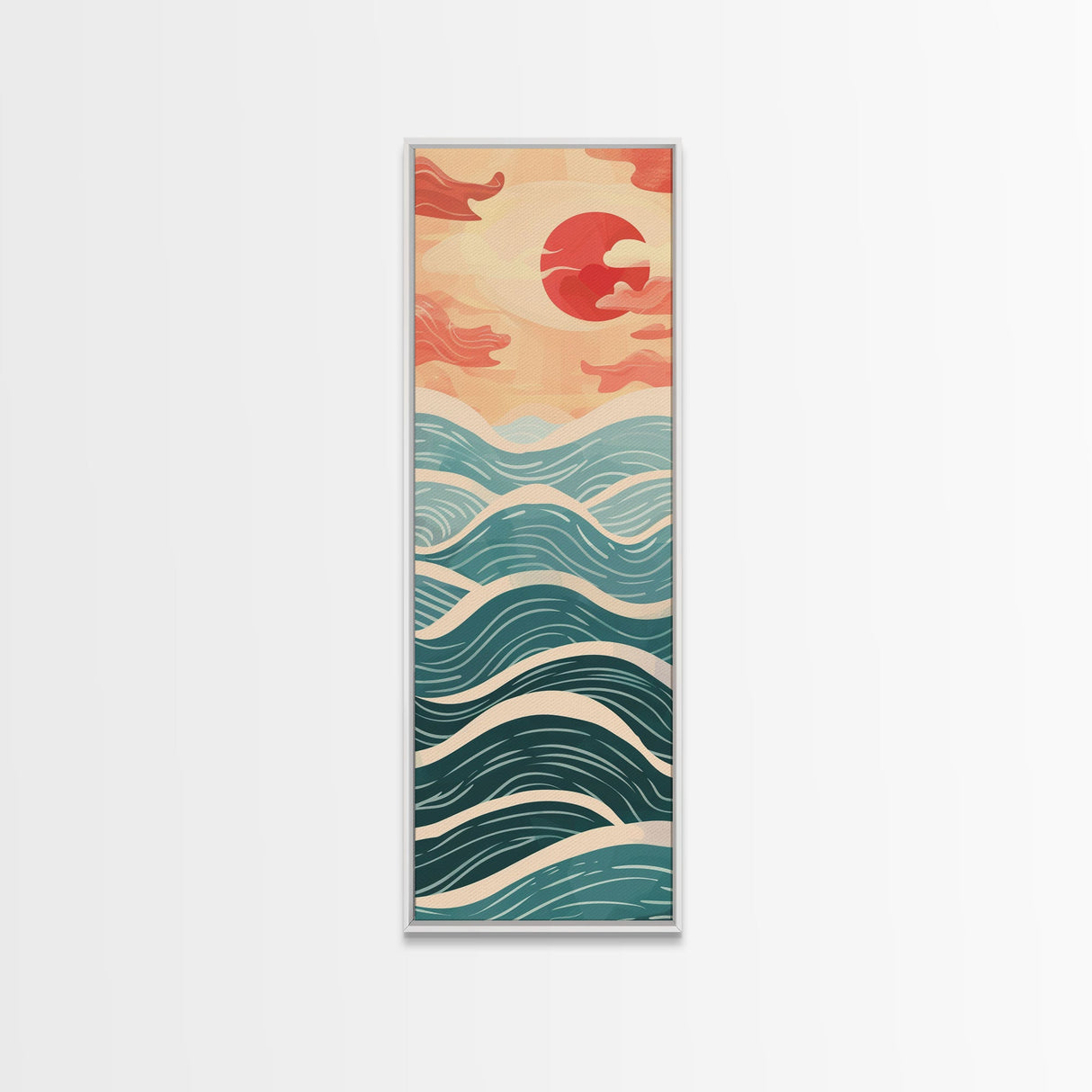 Ocean Waves and Red Sun Japanese Art Skinny Wall Art Framed Canvas Print in Minimalist Style with Dynamic Flowing Waves