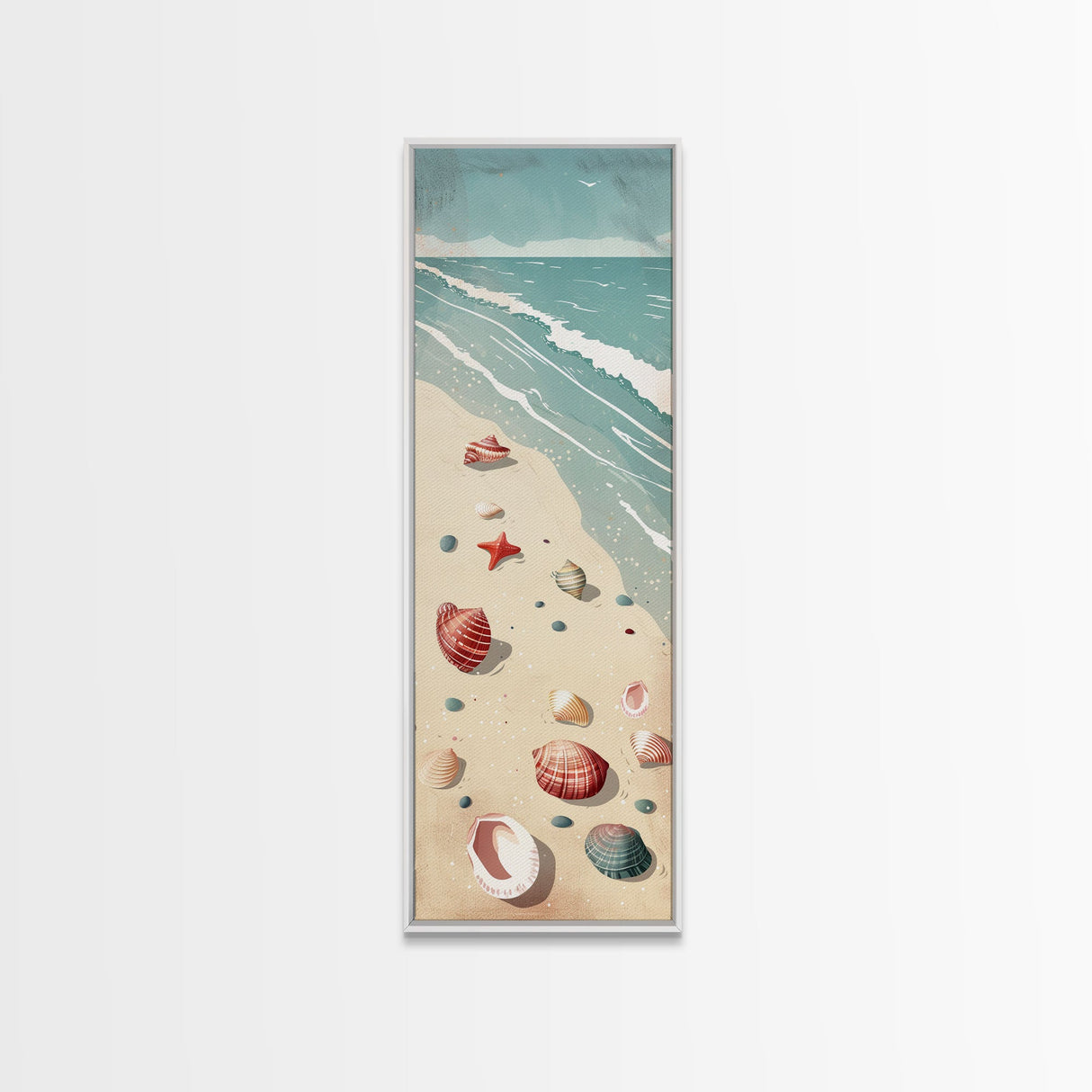 Japanese Style Art Featuring A Serene Beach Scene With Seashells And Gentle Waves, Skinny Art, Tall Art, Ukiyo-e Art, Framed Canvas Print, Wood Block Print