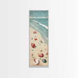 Japanese Style Art Featuring A Serene Beach Scene With Seashells And Gentle Waves, Skinny Art, Tall Art, Ukiyo-e Art, Framed Canvas Print, Wood Block Print