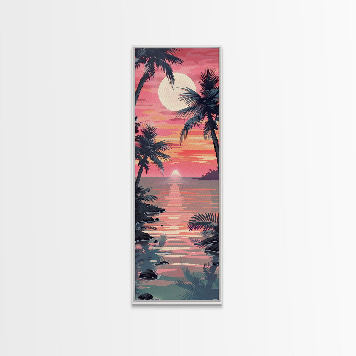 Serene Sunset With Palm Trees And Tranquil Ocean Reflection Ukiyo-e Wood Block Tall Skinny Art Framed Canvas Print