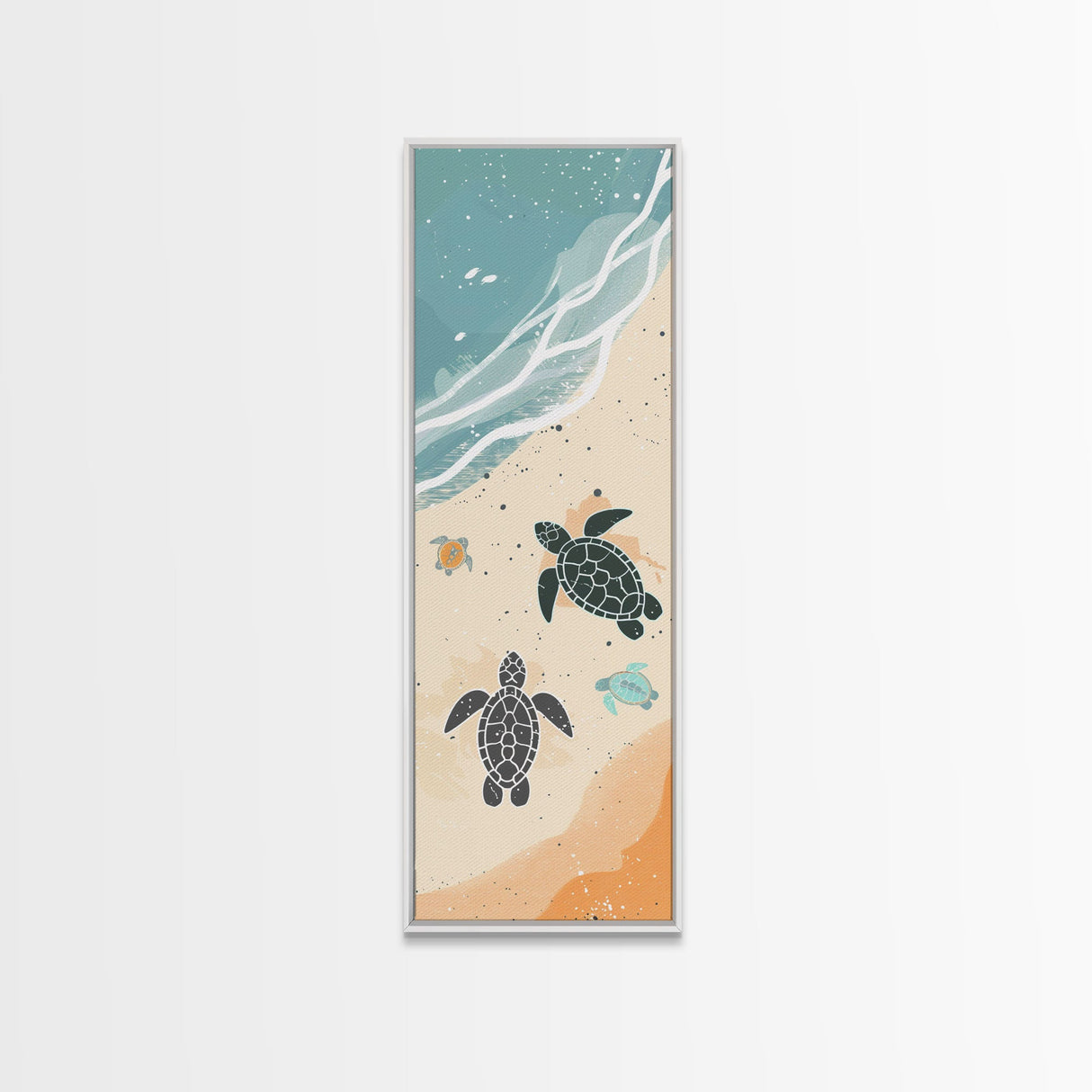 Sea Turtles On Japanese Beach Canvas Print, Ukiyo-e Woodblock Style, Framed Canvas Print, Tall Skinny Japanese Wall Art, Ready To Hang