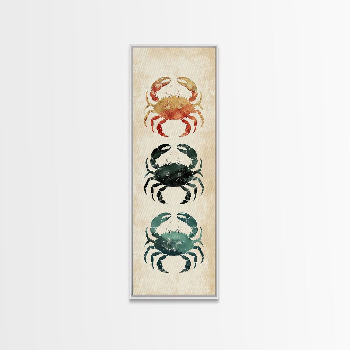 Coastal Crabs Skinny Art Tall Art Japanese Ukiyo-e Inspired Nautical Framed Canvas Print for Beach House or Ocean Lovers