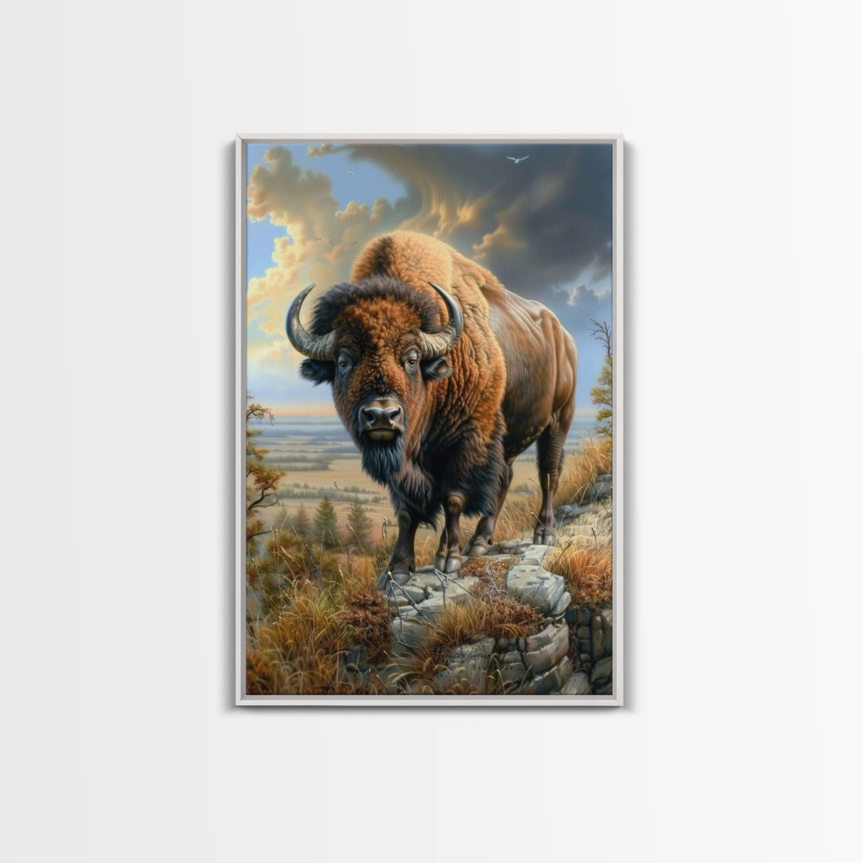 Powerful Bison in Prairie Landscape - Framed Canvas Print, Western Wildlife Wall Art, Bison Decor for Living Room and Bedroom