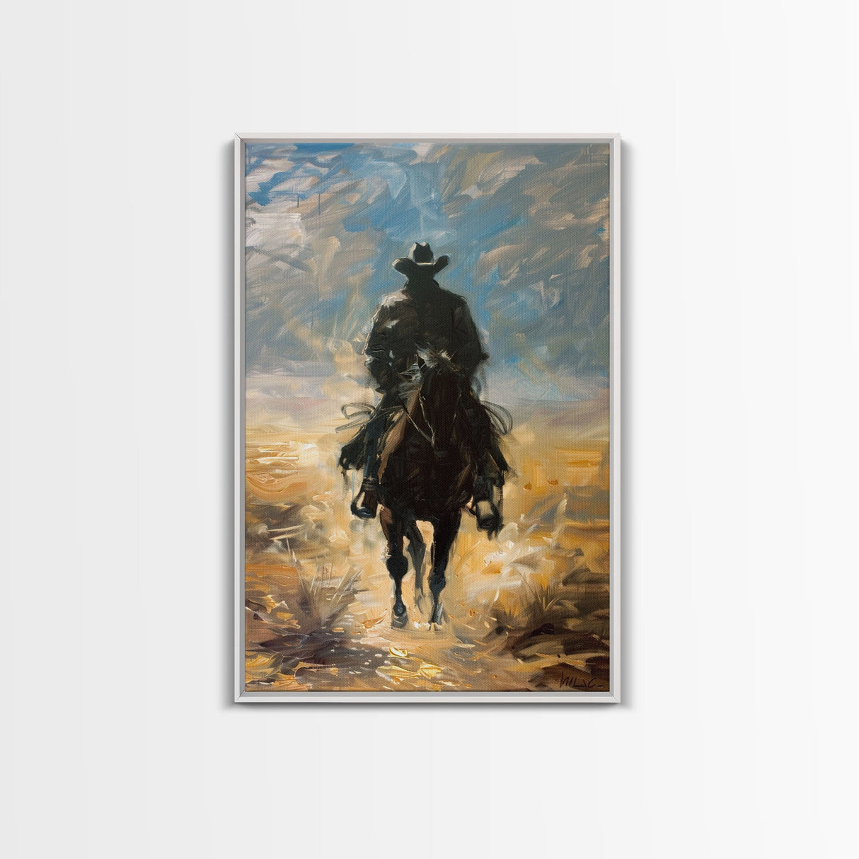 Lone Cowboy Riding into Sunset - Framed Canvas Print, Western Art, Living Room Decor, Cowboy Art for Bedroom, Rustic Wall Art