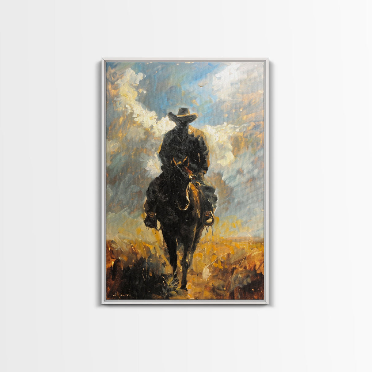 Silhouette of Cowboy on Horseback at Dusk - Framed Canvas Print, Western Art, Rustic Decor, Living Room Wall Art, Cowboy Themed Art