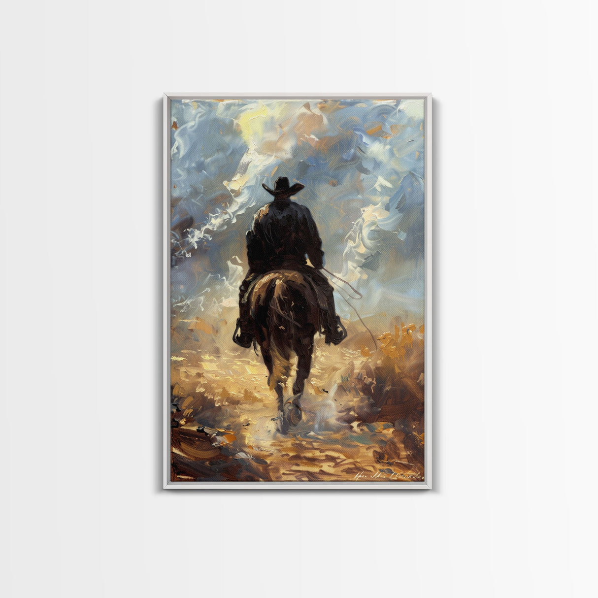 Lone Cowboy on Horse in Wilderness - Framed Canvas Print, Western Art, Rustic Decor, Living Room Wall Art, Cowboy Themed Art