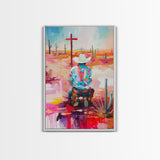 Abstract Cowboy Kneeling by Cross Art - Framed Canvas Print, Modern Southwestern Decor, Vibrant Living Room Wall Art