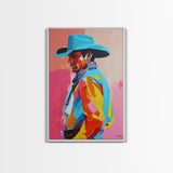 Profile of Stylish Cowboy in Hat - Framed Canvas Print, Colorful Western Art, Bold Cowboy Wall Art for Living Room