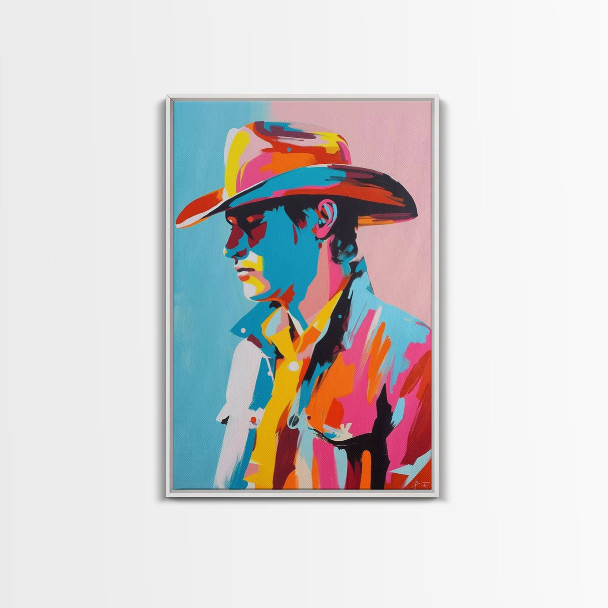 Pop Art Cowboy with Sunglasses - Framed Canvas Print, Bright Western Art, Contemporary Cowboy Wall Art for Bedroom Decor