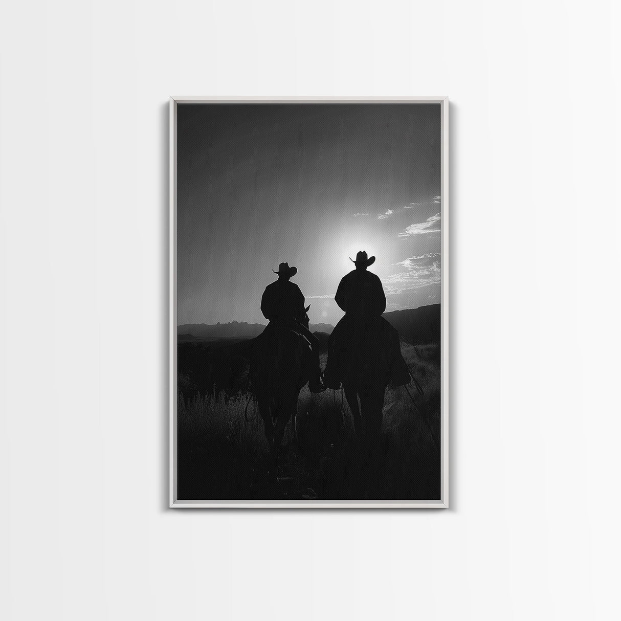 Silhouetted Cowboys on Horseback Riding into the Sunset for Western Wall Art, Canvas Prints, Home Decor, Living Room Art, Bedroom Art