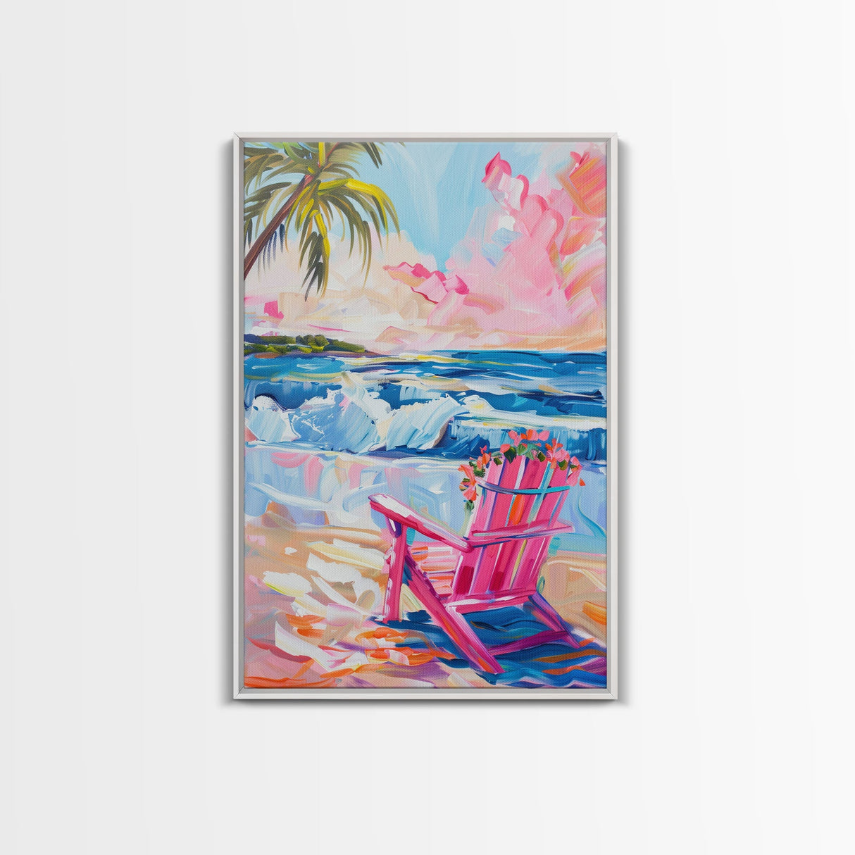 Vibrant Beach Scene with House and Palm Trees - Framed Canvas Print, Colorful Coastal Art, Living Room Decor, Beach House Wall Art