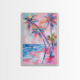 Vibrant Palm Trees and Ocean Waves in Abstract Style - Framed Canvas Print, Coastal Wall Art, Tropical Beach Decor for Living Room