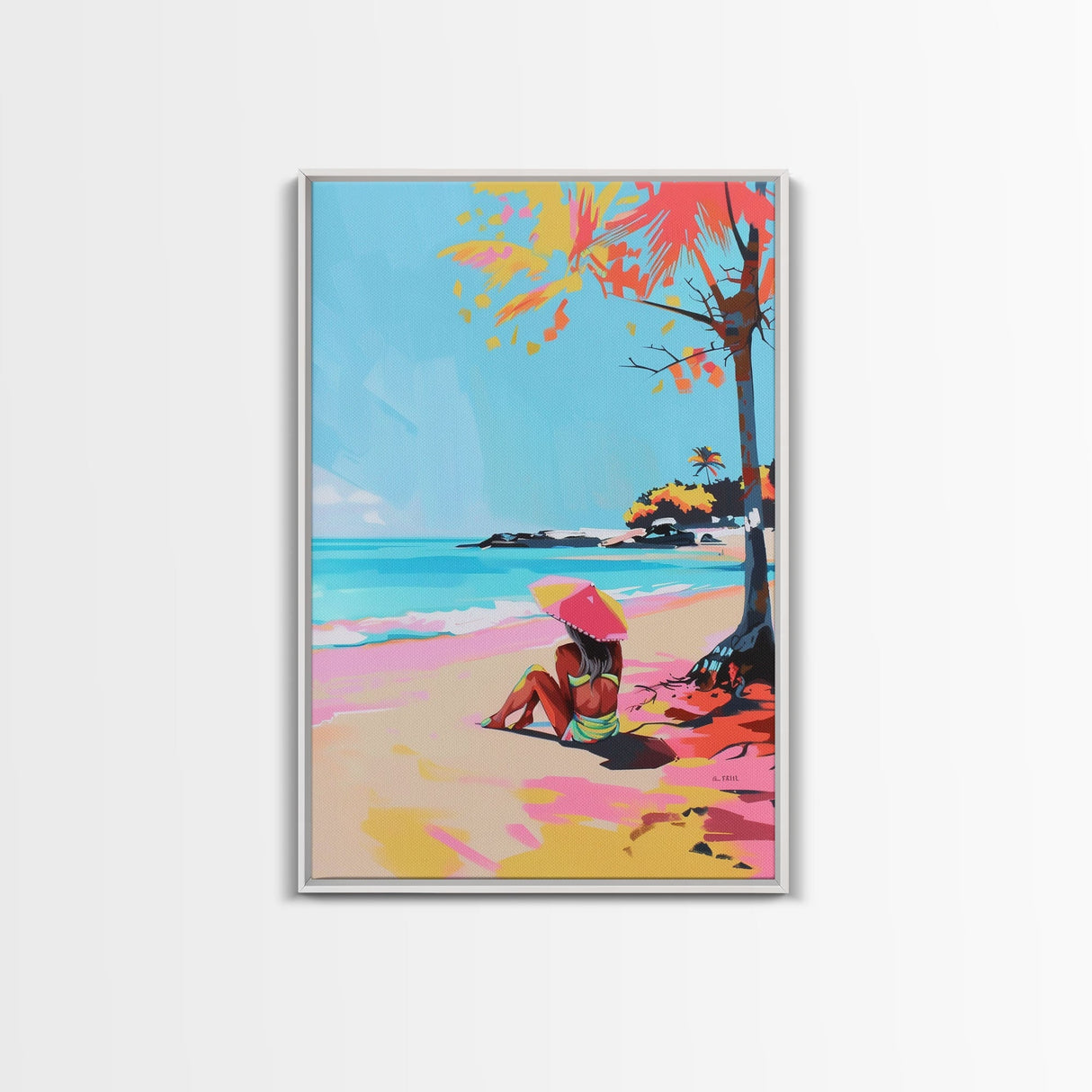 Woman Relaxing on the Beach Under a Parasol - Framed Canvas Print, Summer Vibes Wall Art, Relaxation Decor for Bedroom