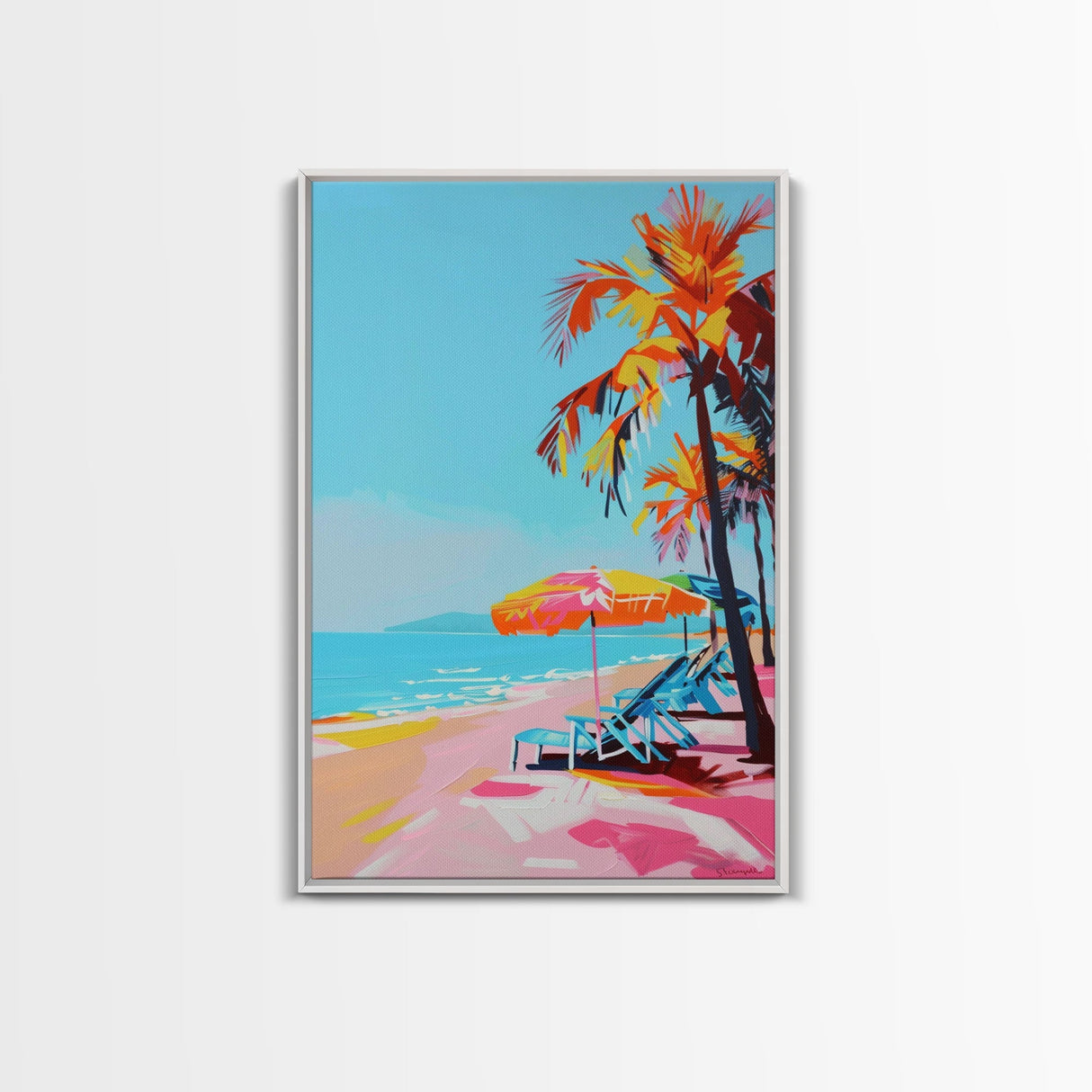 Palm Trees and Sun Loungers on Tropical Beach - Framed Canvas Print, Vacation Paradise Art, Beach Decor for Living Room