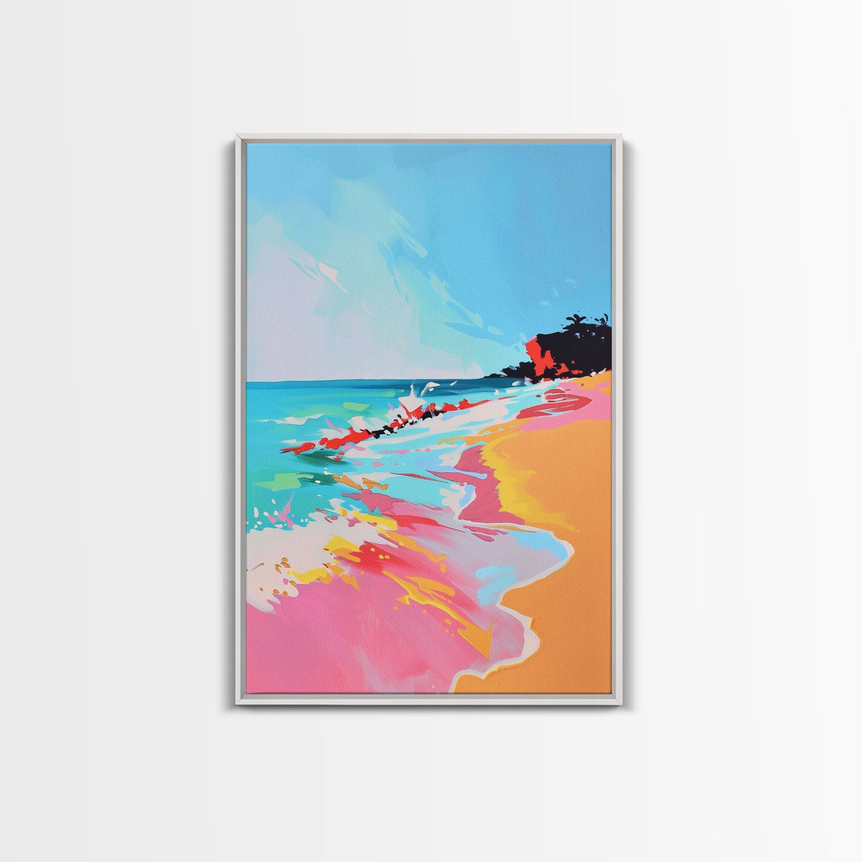 Dynamic Waves Crashing on Vibrant Beach - Framed Canvas Print, Coastal Wall Art, Ocean Vibes Decor for Living Room