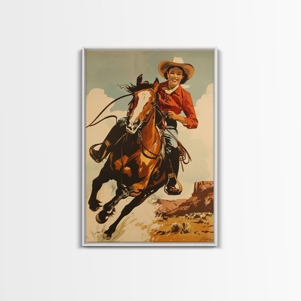 Vibrant Cowgirl Riding a Horse in Western Landscape | Framed Canvas Print | Western Wall Art | Living Room Decor | Rustic Home Decor