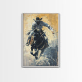 Western Cowboy Riding a Bucking Horse - Framed Canvas Print, Cowboy Wall Art, Rustic Decor, Living Room and Bedroom Art Print