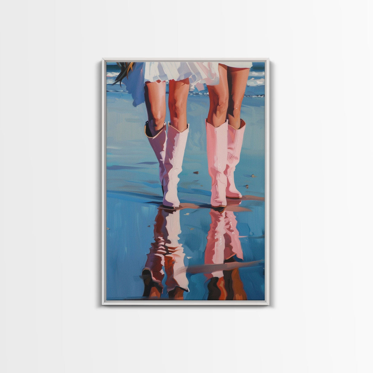 The Beach Cowgirls pink cowboy boots on a beach, artistic reflection Framed Canvas Print - beach decor, fashion art, summer vibes