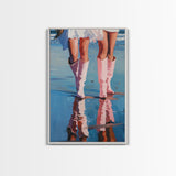 The Beach Cowgirls pink cowboy boots on a beach, artistic reflection Framed Canvas Print - beach decor, fashion art, summer vibes