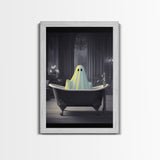 Funny Halloween Art, Ghost Takin' A Bath, Framed Canvas Print, Halloween Canvas, Ghost In The Tub, Goofy Gothic Victorian Art