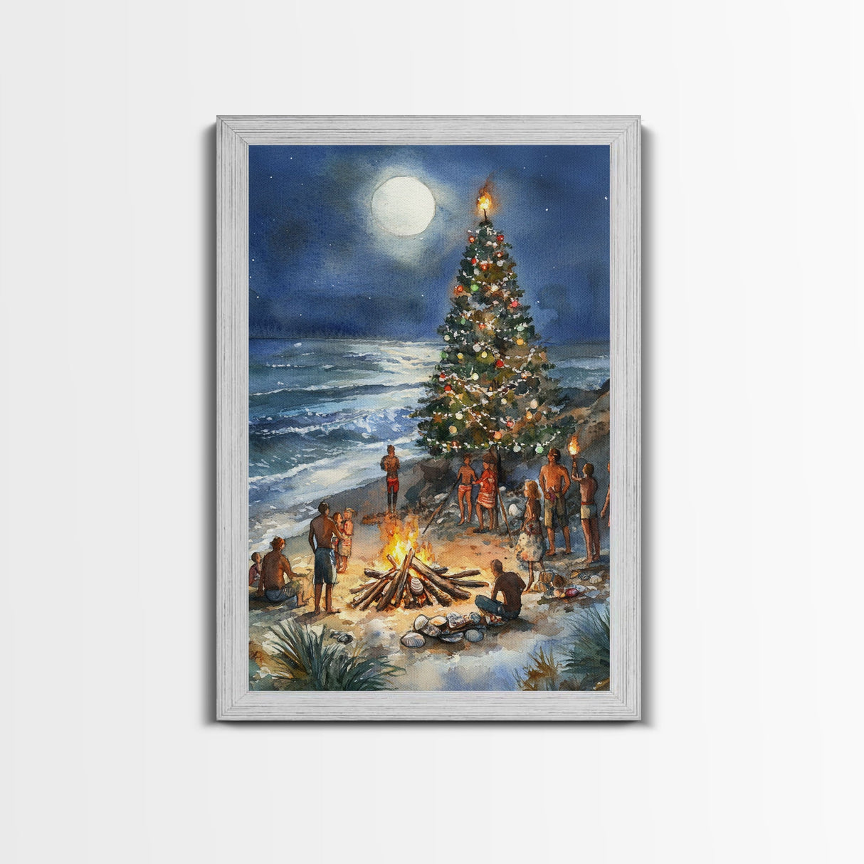 Christmas At The Beach, Framed Canvas Print, Christmas Decor, Christmas Art, Christmas Art Prints, Tropical Christmas, Beach House Art