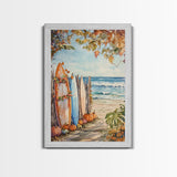 Surfboards In The Fall, Surfer Thanksgiving Wall Art Framed Canvas Print, Tropical Decor, Beach Art