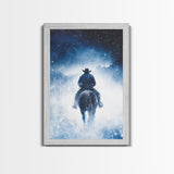 Rider In The Snow Storm, Framed Canvas Print, Western Winter Landscape Painting, Winter Wonderland Art