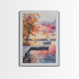 Sailboats at Sunset In The Fall, Framed Canvas Print, Beach House Wall Art, Lake House Art