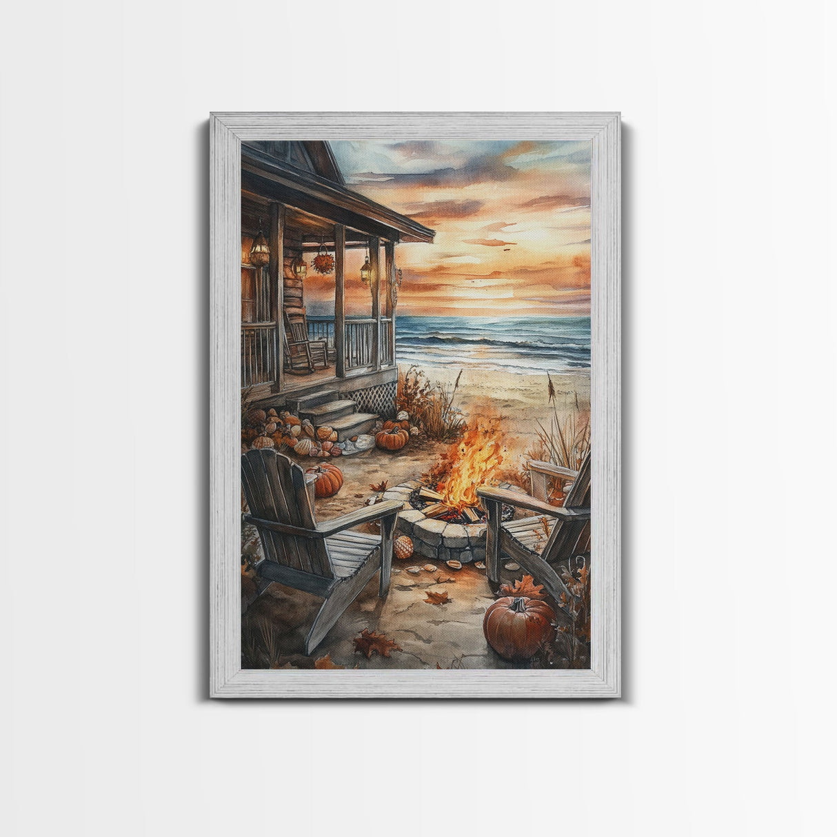 Beach Campfire On The Fall, Framed Canvas Print, Boho Beach Art Nautical Decor, Modern Christmas / Thanksgiving Gift Wall Art