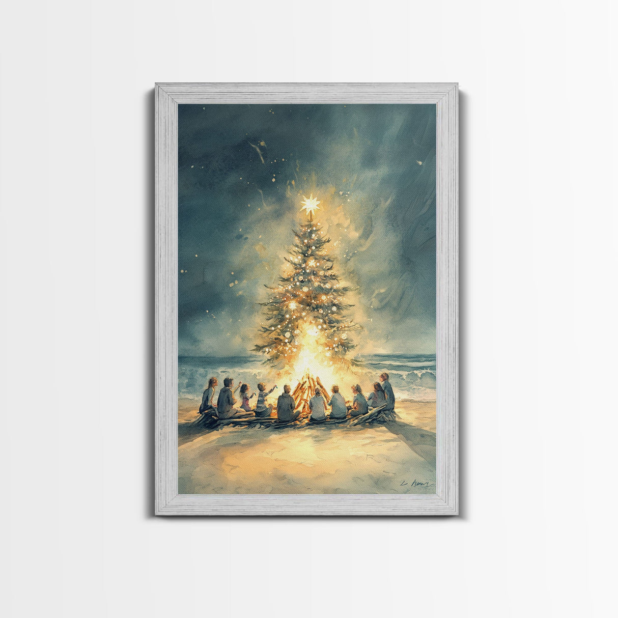 Christmas Beach Bonfire Framed Canvas Print, Christmas Painting Wall Art, Christmas Handmade Art, Best Gift Christmas Decor