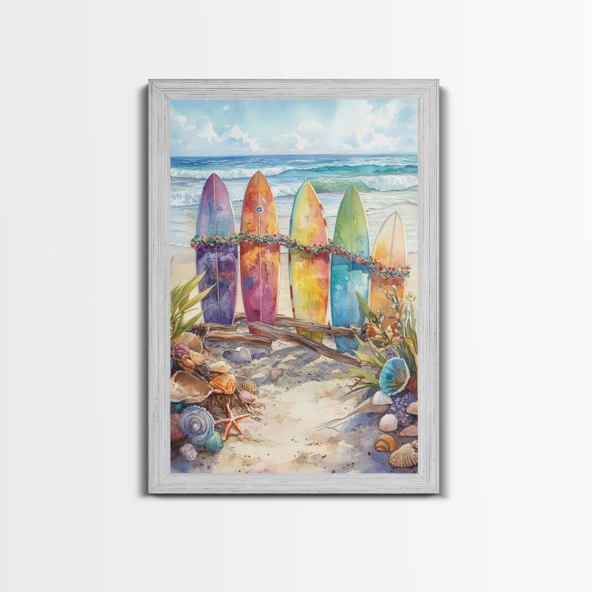 Christmas Surfboards On A Snowy Beach, Framed Canvas Print, Tropical / Nautical Christmas Art or Gift Idea, Christmas Poster