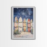 Christmas Surfboards On A Snowy Beach, Framed Canvas Print, Tropical / Nautical Christmas Art or Gift Idea, Christmas Poster