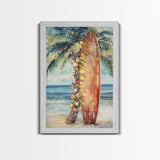 Surfboard Art Framed Canvas Print, Tropical Christmas Decor, Xmas Art, Christmas 2024 Gift Idea For Her