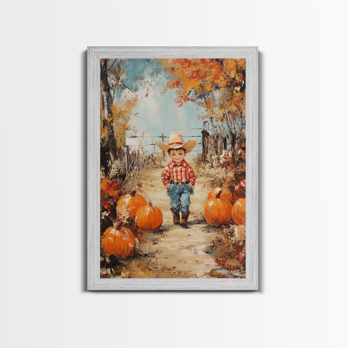 Autumn Cowboy Decor Canvas Print with Pumpkins, Fall Holiday Wall Art and Seasonal Gift Idea 2024