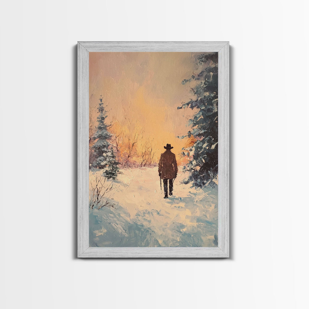 Lone Cowboy in Snowy Forest Canvas Print, Winter Wonderland Western Art, Christmas Wall Art Gift, Seasonal Holiday Decor, Tall Canvas Print