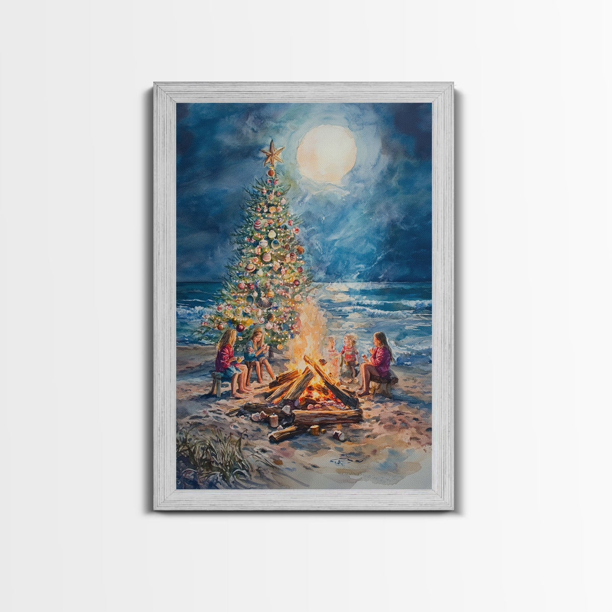 Christmas by the Bonfire Framed Canvas Print Family Gathering Around Christmas Tree Beach, Coastal Holiday Wall Art Nautical Christmas Decor