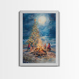 Christmas by the Bonfire Framed Canvas Print Family Gathering Around Christmas Tree Beach, Coastal Holiday Wall Art Nautical Christmas Decor