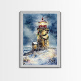 Snowy lighthouse under moonlit sky with wreath, Framed Canvas Print, beach Christmas decor for winter wonderland, holiday wall art