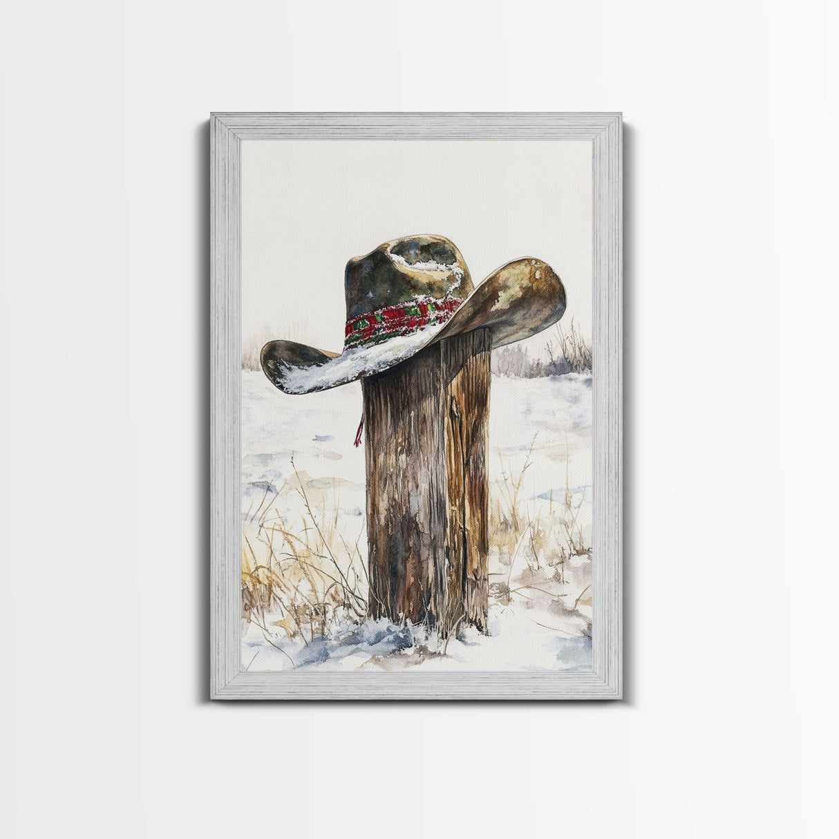 Rustic cowboy hat on snow-covered post, Framed Canvas Print, winter western decor, farmhouse Christmas art, above sofa art rustic homes