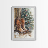 Rustic cowboy boots by Christmas tree, Framed Canvas Print, farmhouse Christmas decor, cozy holiday wall art, western style home decor