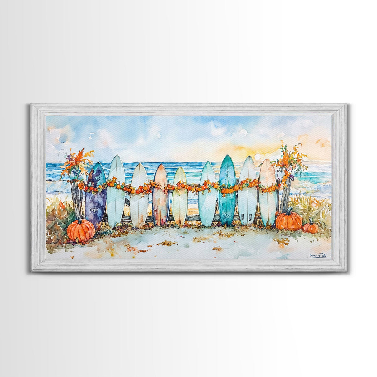 Framed Canvas Print Beach Scene with Surfboards and Pumpkins, Fall Beach Decor, Autumn Coastal Wall Art, Perfect Fall Beach Theme